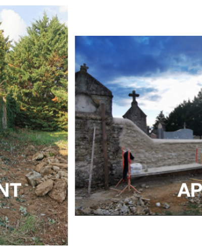 &Agrave; Communay, mur en pierres ma&ccedil;onn&eacute; &agrave; la terre, r&eacute;par&eacute; au mortier et au b&eacute;ton de chaux.