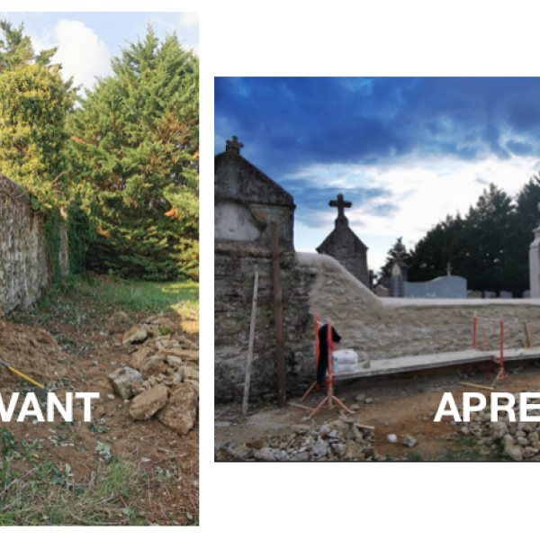 &Agrave; Communay, mur en pierres ma&ccedil;onn&eacute; &agrave; la terre, r&eacute;par&eacute; au mortier et au b&eacute;ton de chaux.