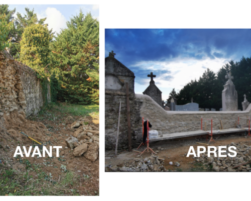 &Agrave; Communay, mur en pierres ma&ccedil;onn&eacute; &agrave; la terre, r&eacute;par&eacute; au mortier et au b&eacute;ton de chaux.